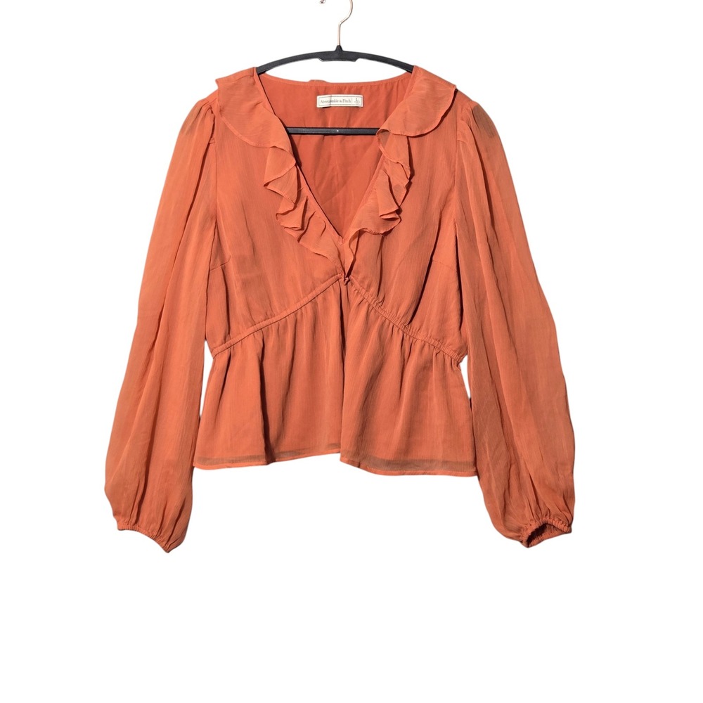 Abercrombie & Fitch Ruffle V-Neck Peplum Blouse Burnt Orange L Balloon Sleeve